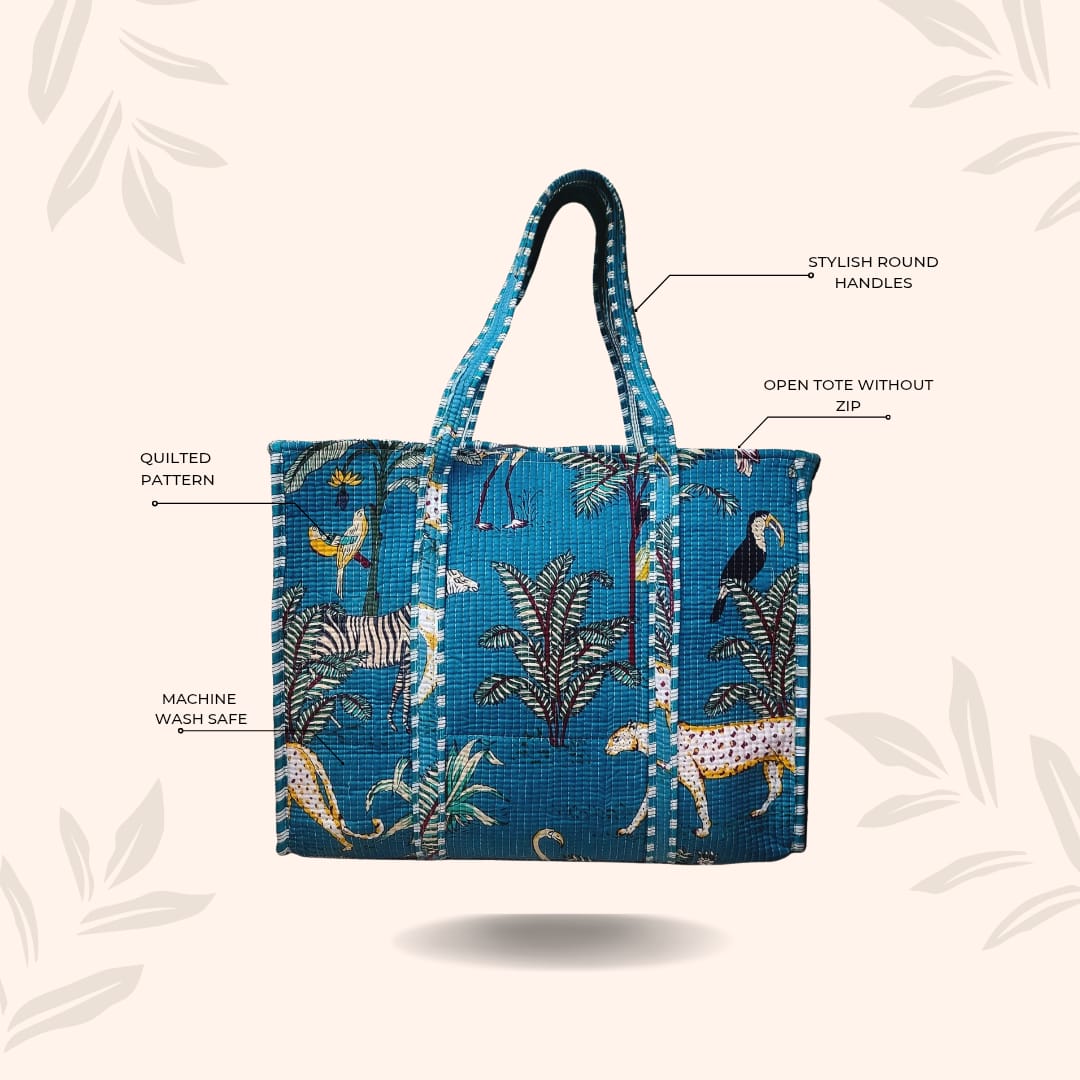 Handblock Printed Quilted Tote Bag without zip/button 17x18x 6 inches