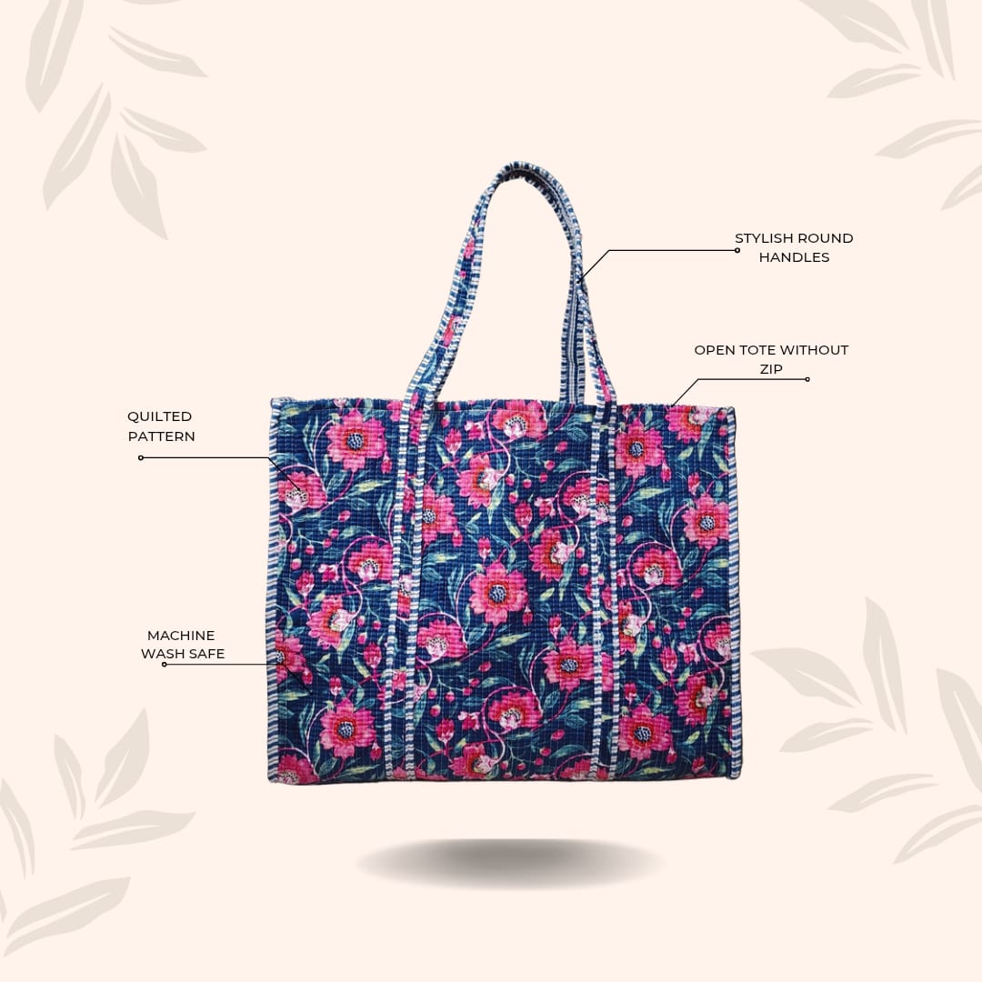 Handblock Printed Quilted Tote Bag without zip/button 17x18x 6 inches