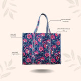 Handblock Printed Quilted Tote Bag without zip/button 17x18x 6 inches