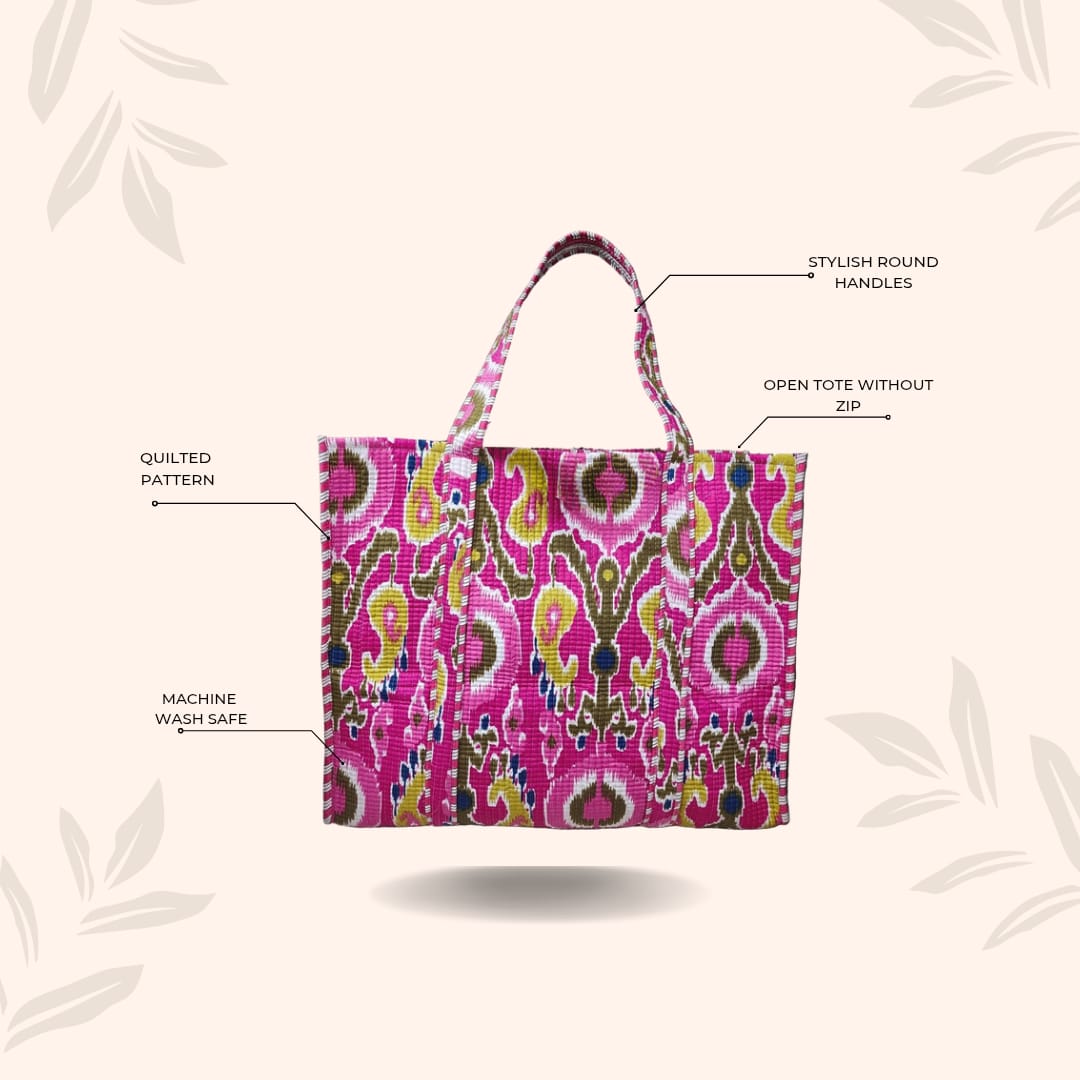 Handblock Printed Quilted Tote Bag without zip/button 17x18x 6 inches
