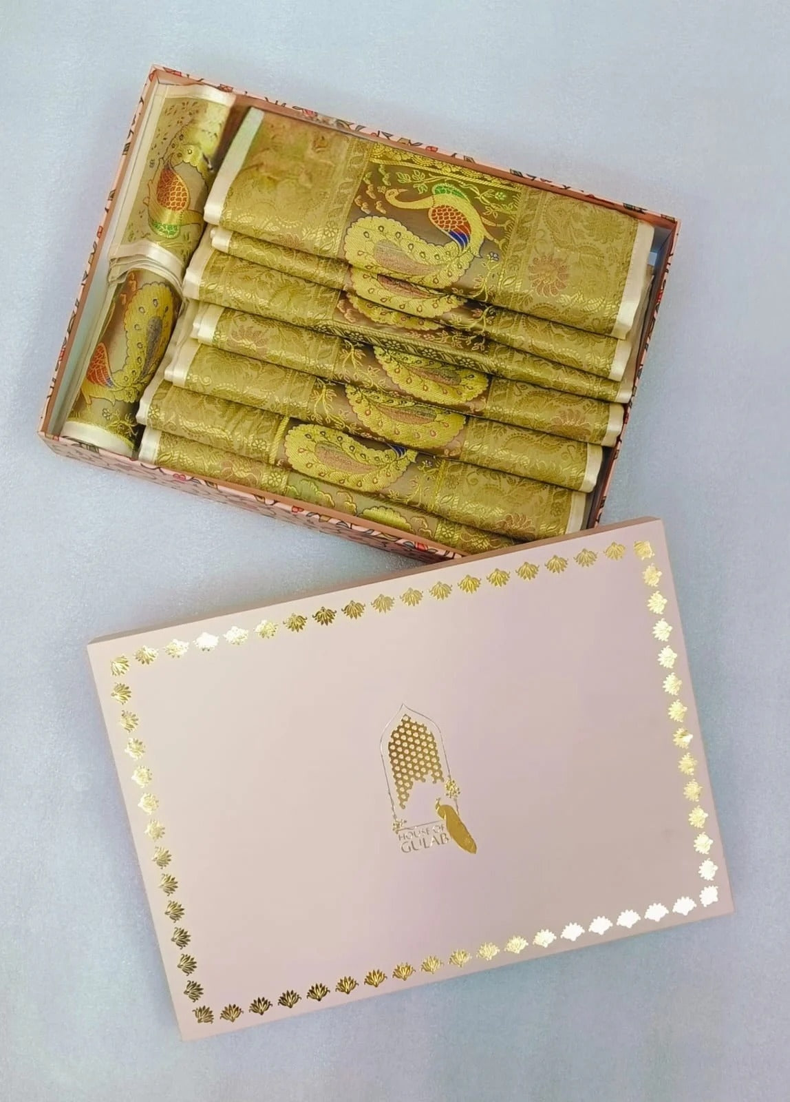 Diwali Gift Box with Banarasi Zari Table Runner, Set Of 6 Mats, 6 coaster