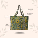 Handblock Printed Quilted Tote Bag without zip/button 17x18x 6 inches