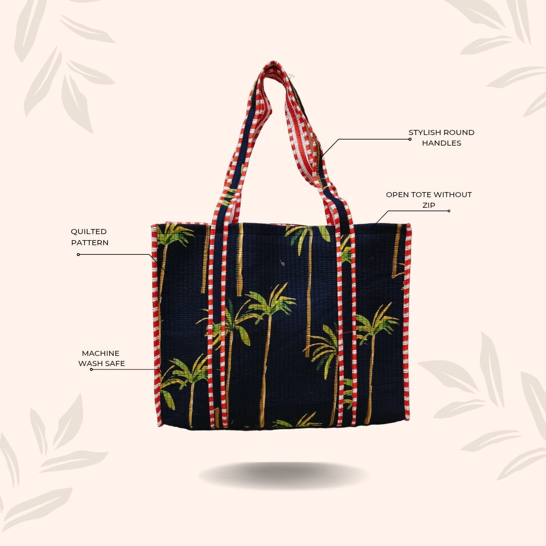 Handblock Printed Quilted Tote Bag without zip/button 17x18x 6 inches