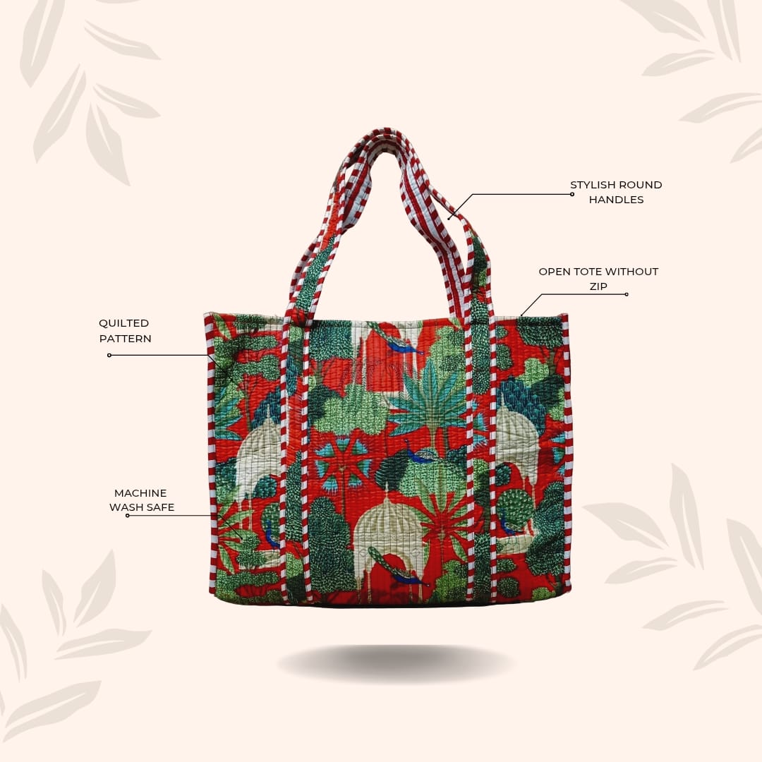 Handblock Printed Quilted Tote Bag without zip/button 17x18x 6 inches