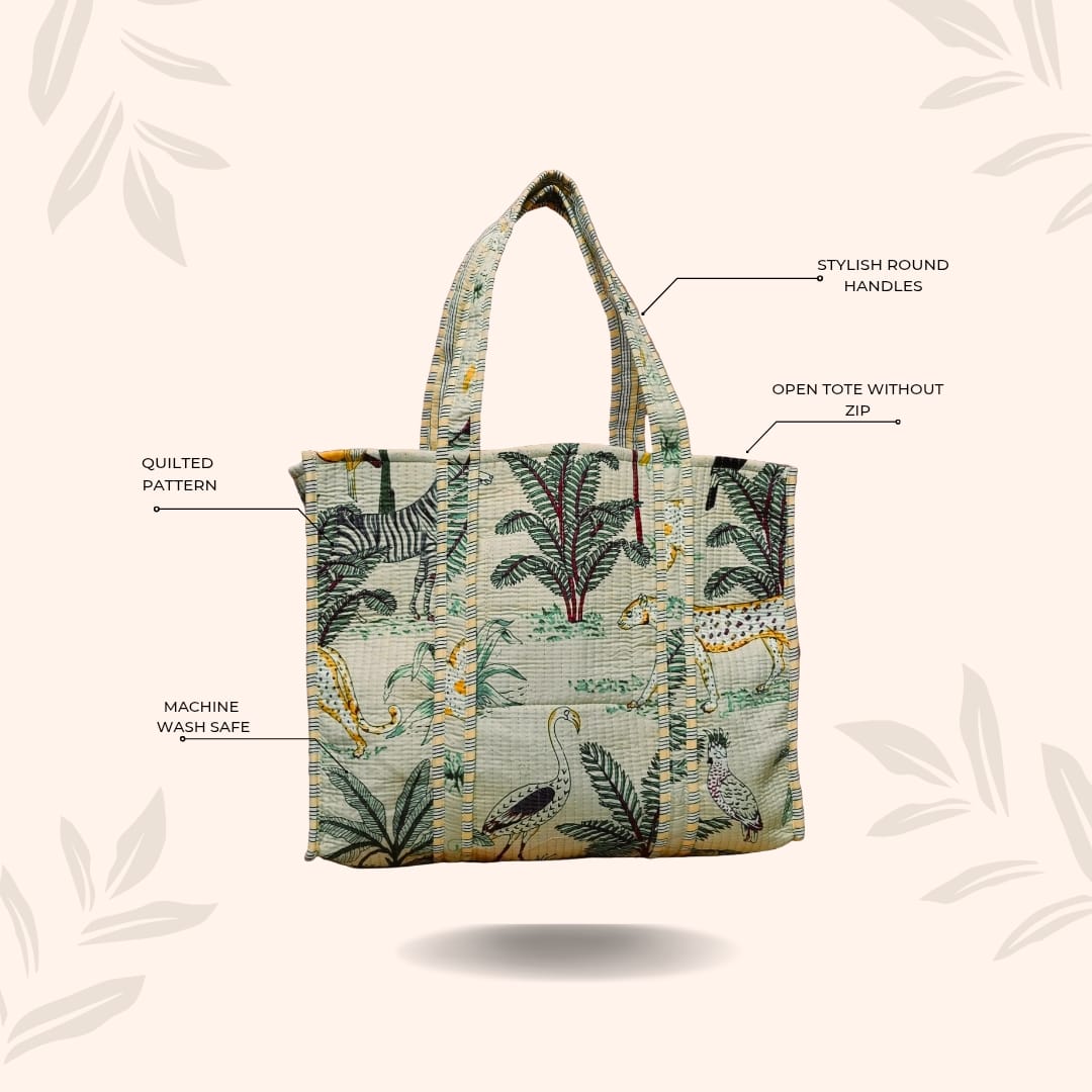 Handblock Printed Quilted Tote Bag without zip/button 17x18x 6 inches