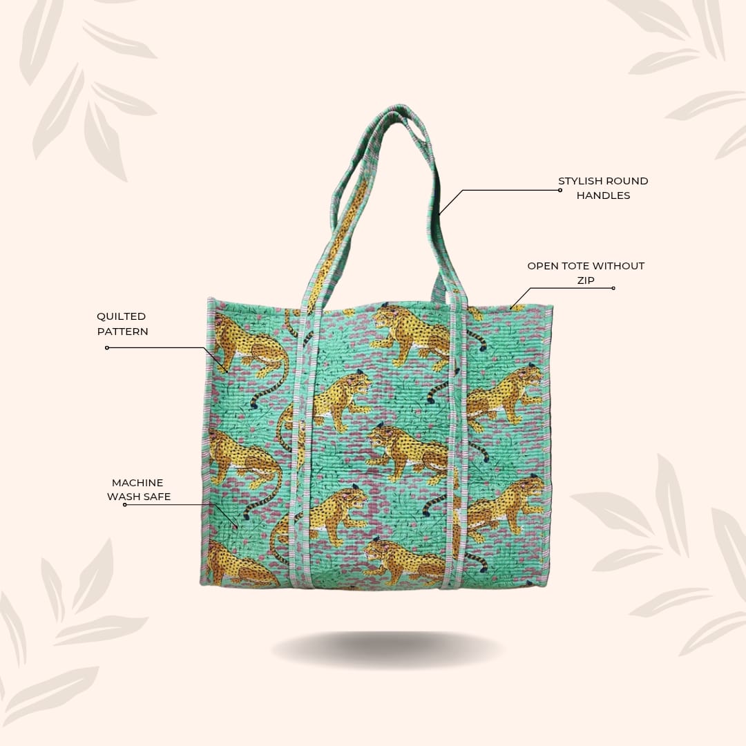 Handblock Printed Quilted Tote Bag without zip/button 17x18x 6 inches