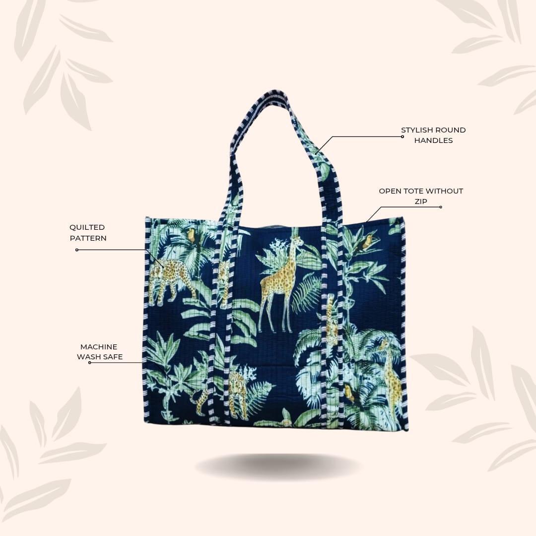 Handblock Printed Quilted Tote Bag without zip/button 17x18x 6 inches