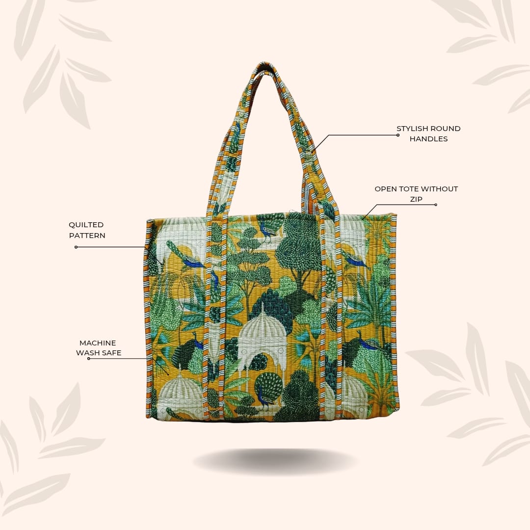 Handblock Printed Quilted Tote Bag without zip/button 17x18x 6 inches