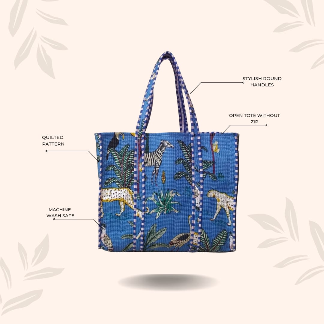 Handblock Printed Quilted Tote Bag without zip/button 17x18x 6 inches