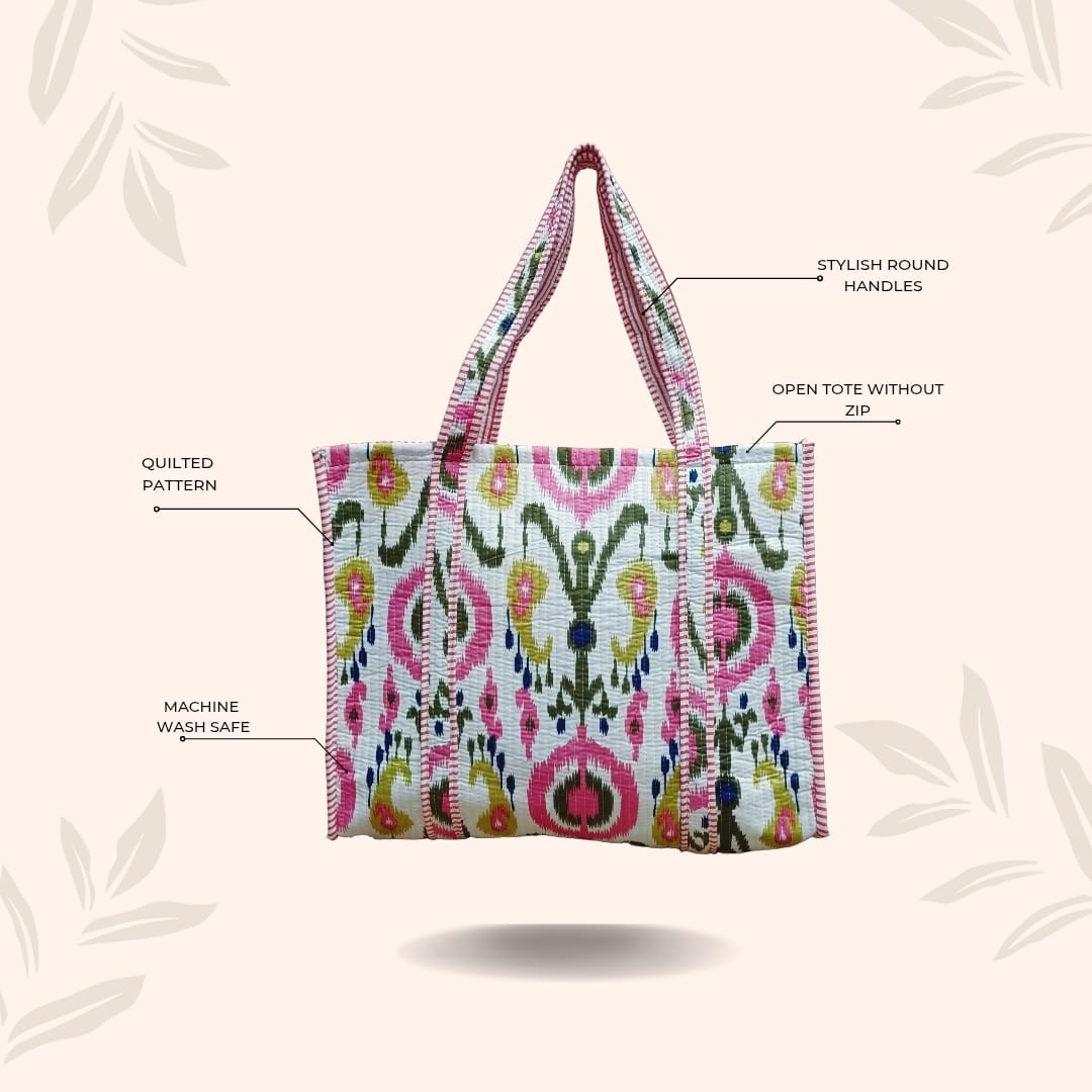 Handblock Printed Quilted Tote Bag without zip/button 17x18x 6 inches