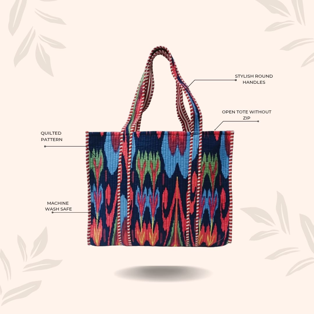 Handblock Printed Quilted Tote Bag without zip/button 17x18x 6 inches