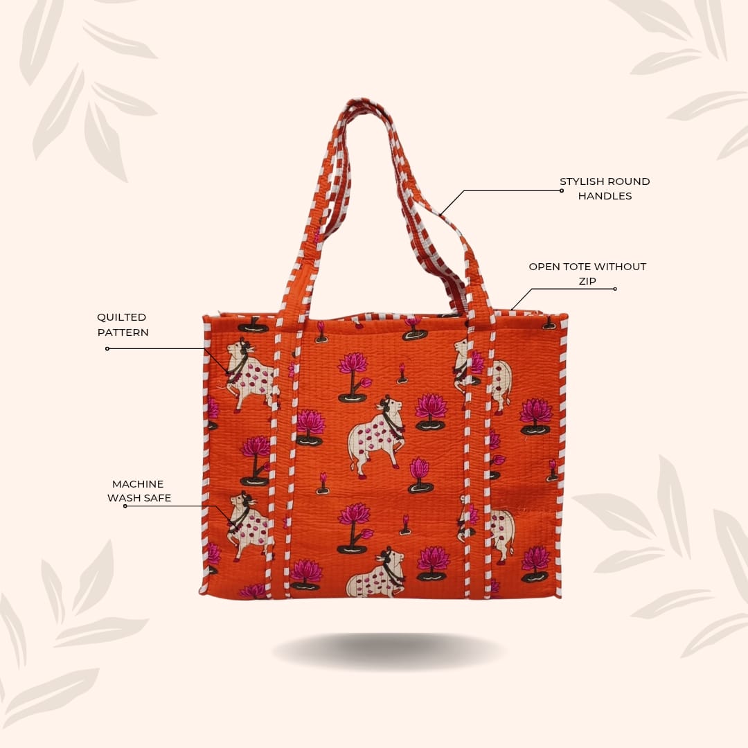 Handblock Printed Quilted Tote Bag without zip/button 17x18x 6 inches
