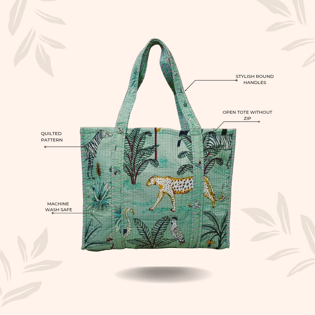 Handblock Printed Quilted Tote Bag without zip/button 17x18x 6 inches