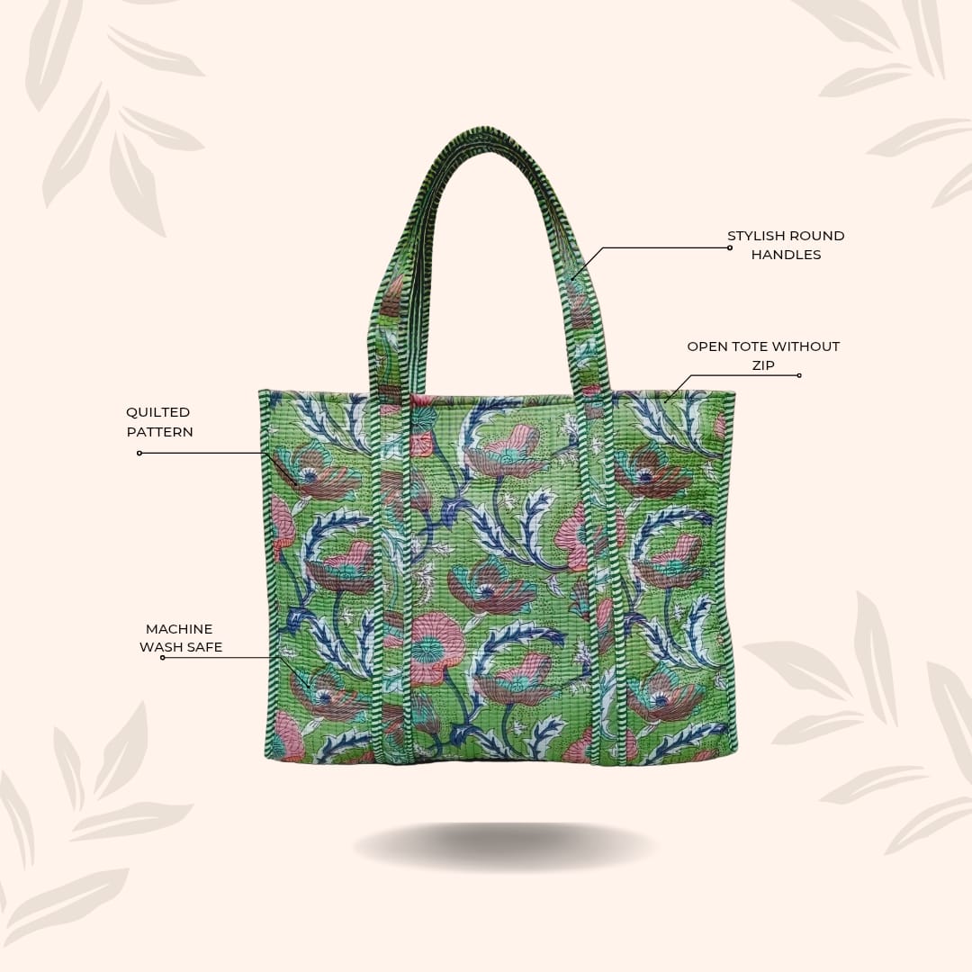 Handblock Printed Quilted Tote Bag without zip/button 17x18x 6 inches