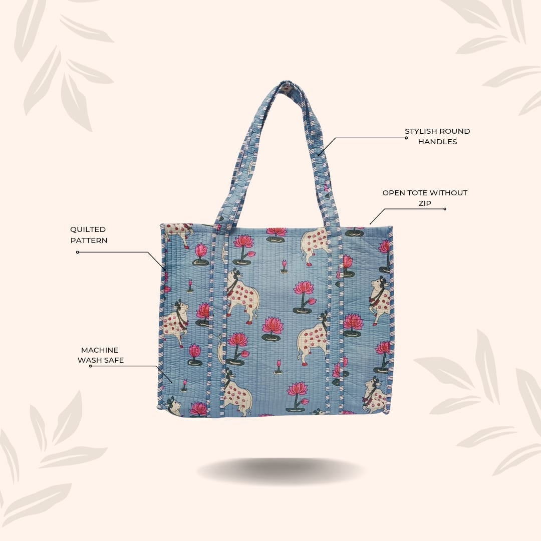 Handblock Printed Quilted Tote Bag without zip/button 17x18x 6 inches