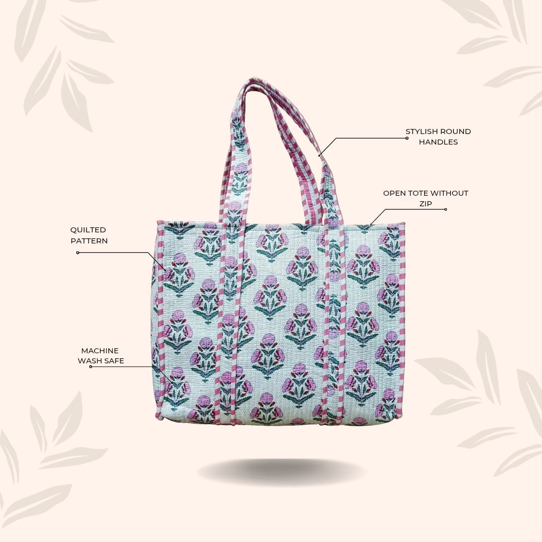 Handblock Printed Quilted Tote Bag without zip/button 17x18x 6 inches