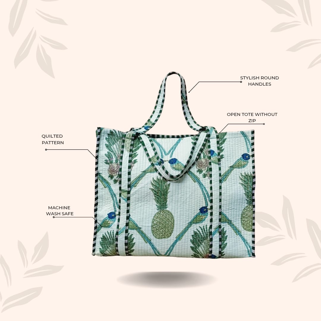 Handblock Printed Quilted Tote Bag without zip/button 17x18x 6 inches