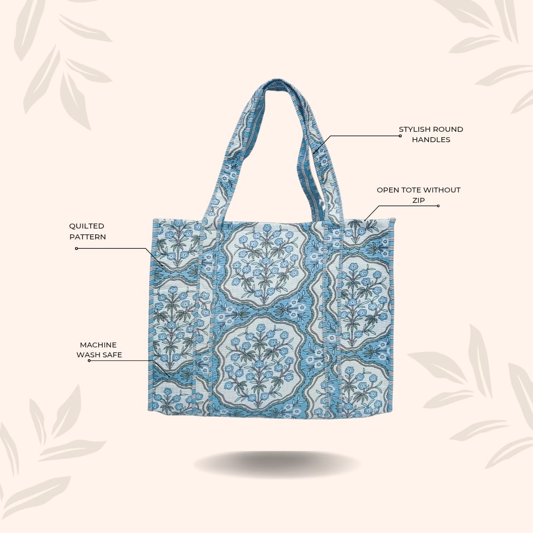 Handblock Printed Quilted Tote Bag without zip/button 17x18x 6 inches
