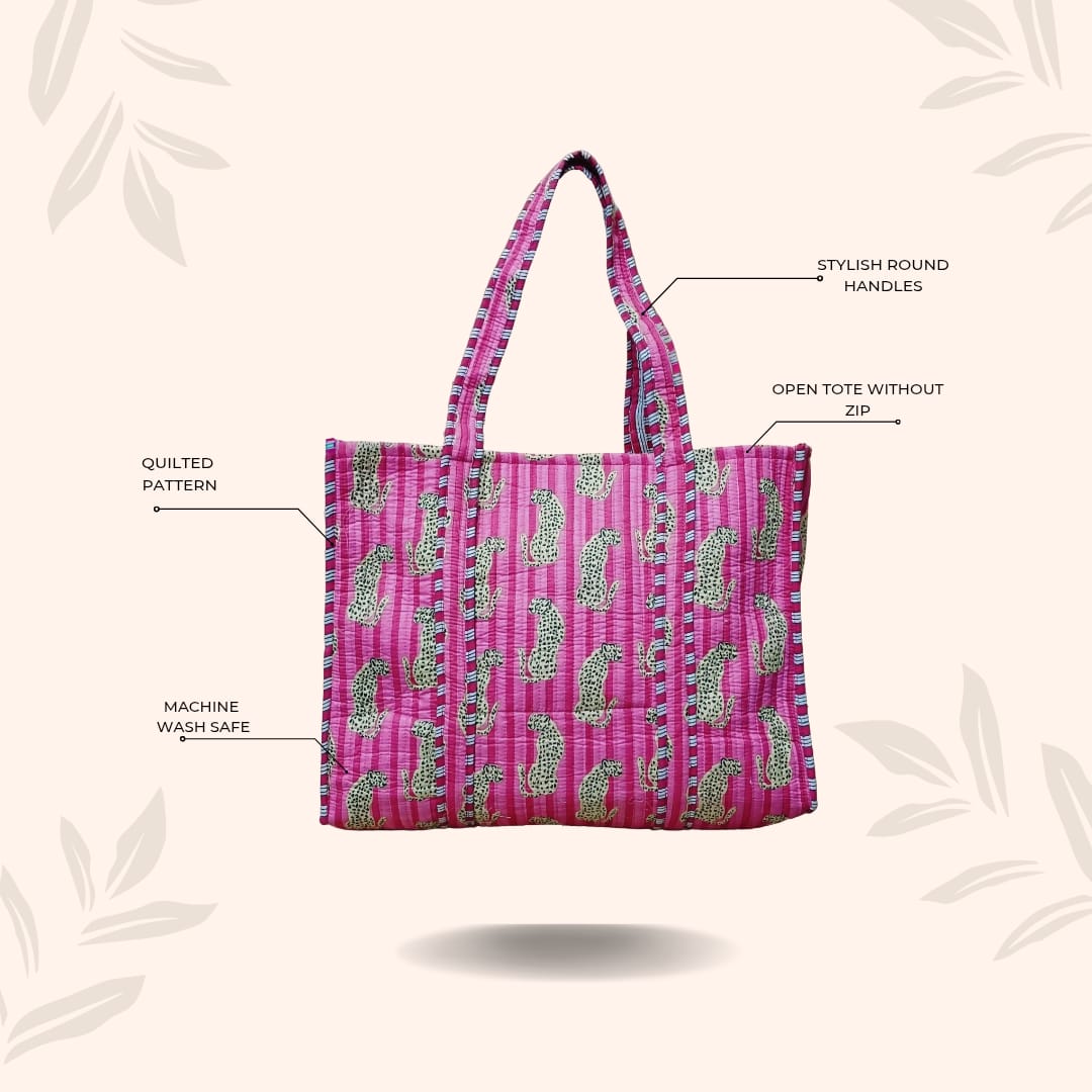 Handblock Printed Quilted Tote Bag without zip/button 17x18x 6 inches