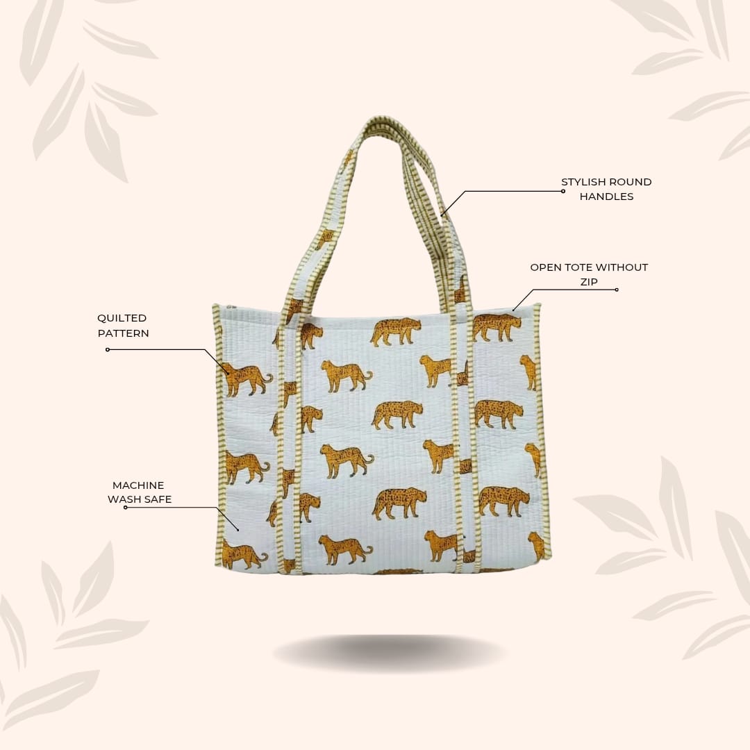 Handblock Printed Quilted Tote Bag without zip/button 17x18x 6 inches