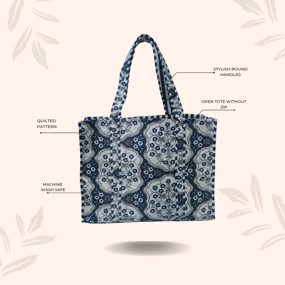 Handblock Printed Quilted Tote Bag without zip/button 17x18x 6 inches