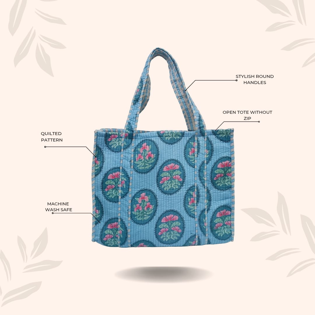 Handblock Printed Quilted Tote Bag without zip/button 17x18x 6 inches