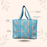 Handblock Printed Quilted Tote Bag without zip/button 17x18x 6 inches