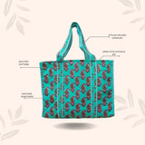 Handblock Printed Quilted Tote Bag without zip/button 17x18x 6 inches