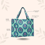 Handblock Printed Quilted Tote Bag without zip/button 17x18x 6 inches