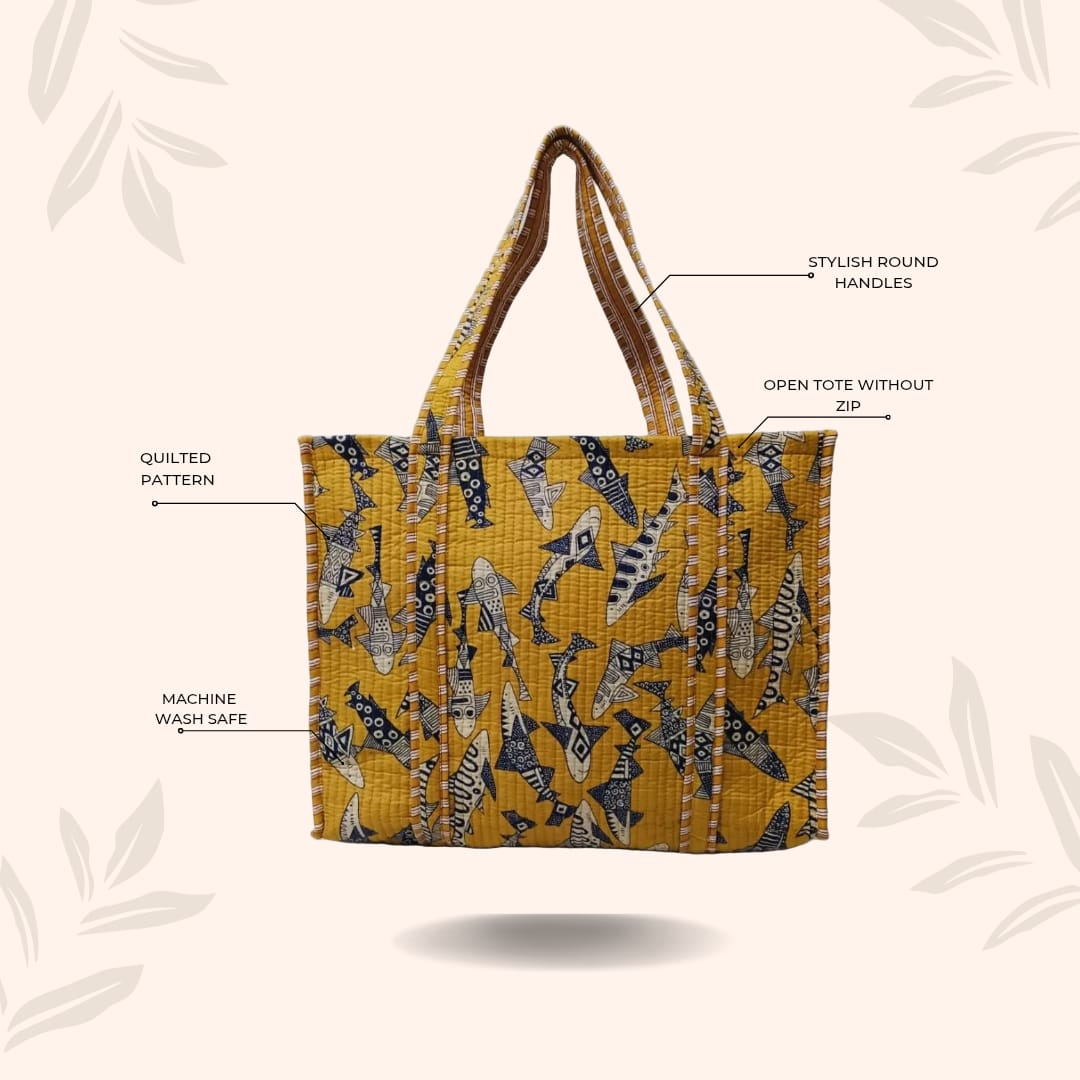 Handblock Printed Quilted Tote Bag without zip/button 17x18x 6 inches