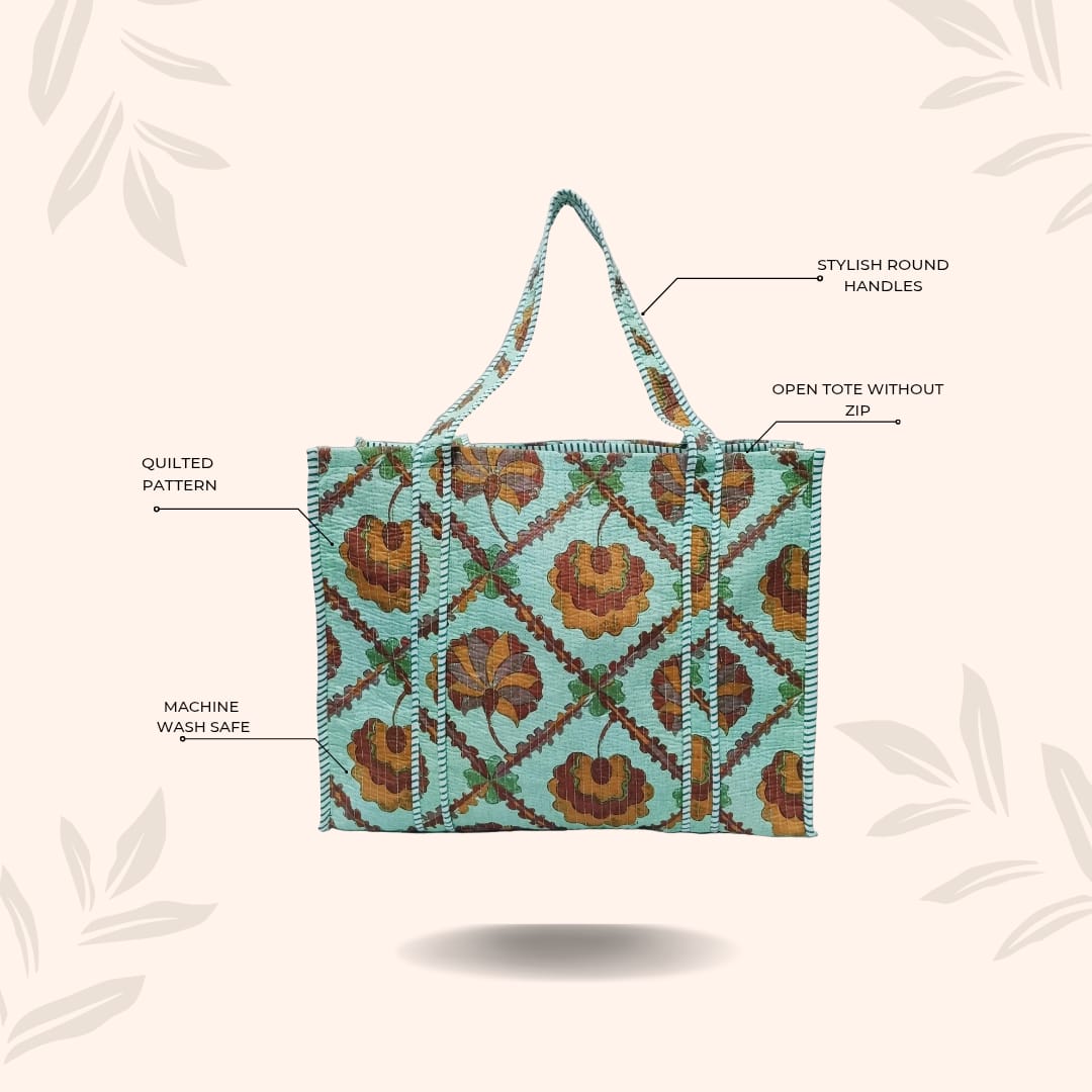 Handblock Printed Quilted Tote Bag without zip/button 17x18x 6 inches