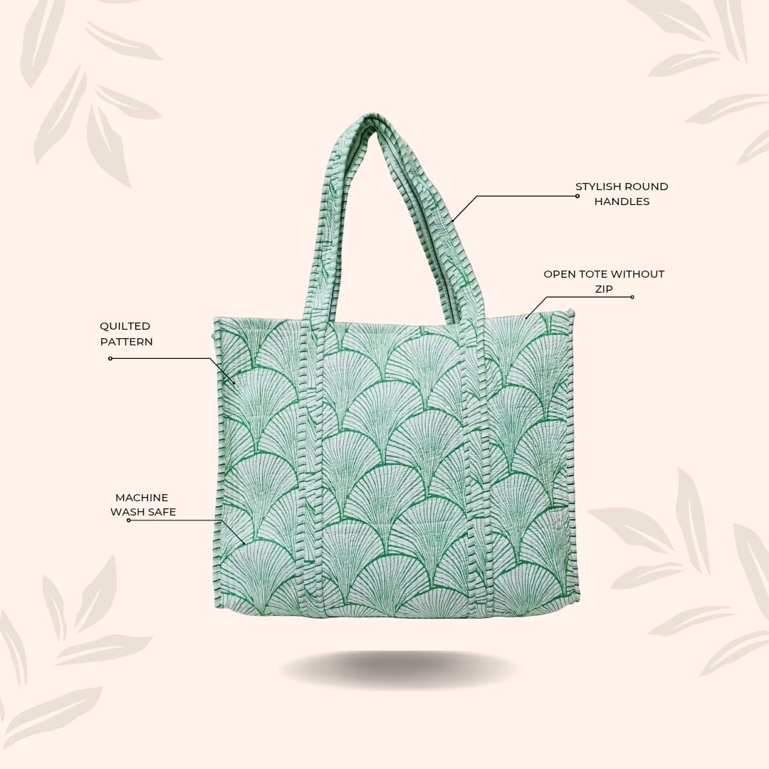 Handblock Printed Quilted Tote Bag without zip/button 17x18x 6 inches