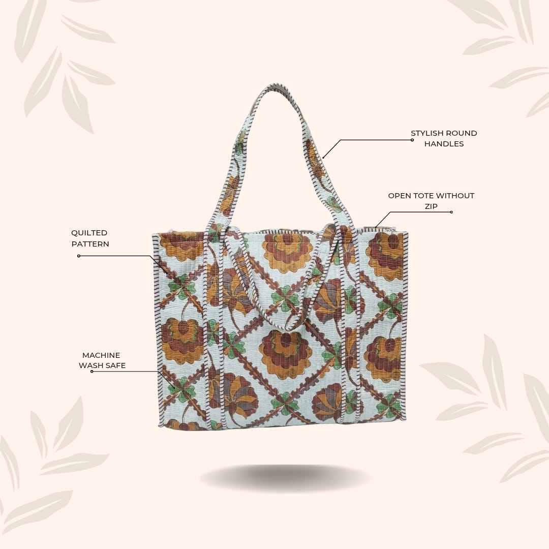 Handblock Printed Quilted Tote Bag without zip/button 17x18x 6 inches