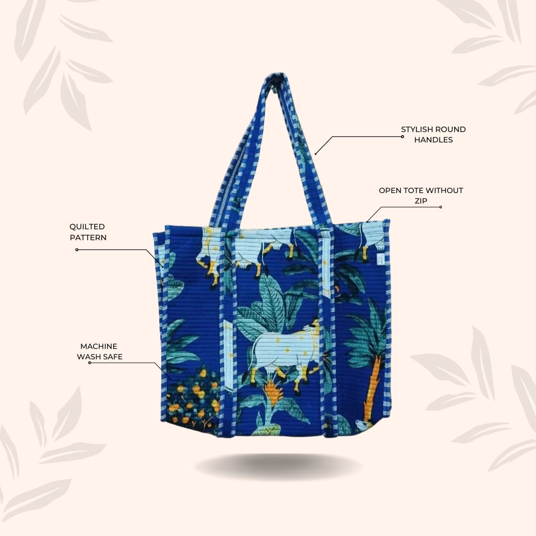Handblock Printed Quilted Tote Bag without zip/button 17x18x 6 inches