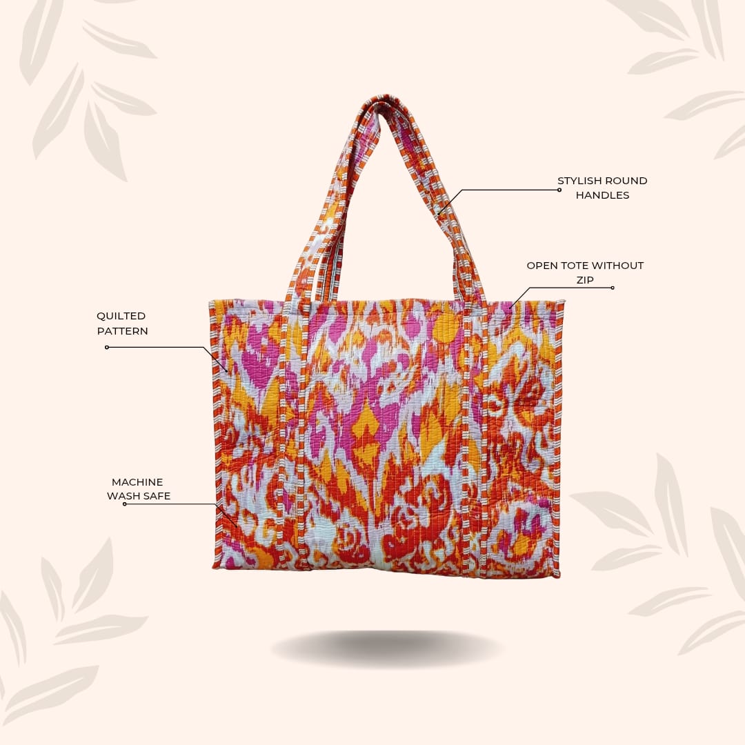 Handblock Printed Quilted Tote Bag without zip/button 17x18x 6 inches