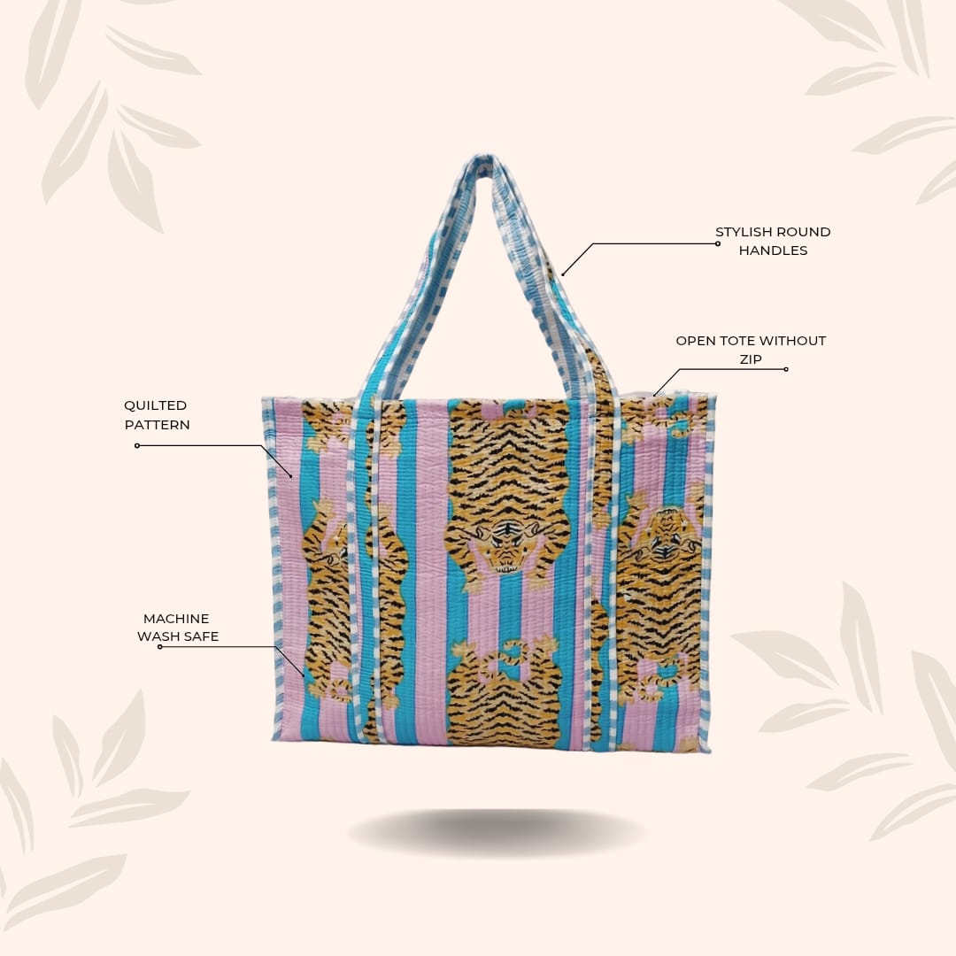 Handblock Printed Quilted Tote Bag without zip/button 17x18x 6 inches