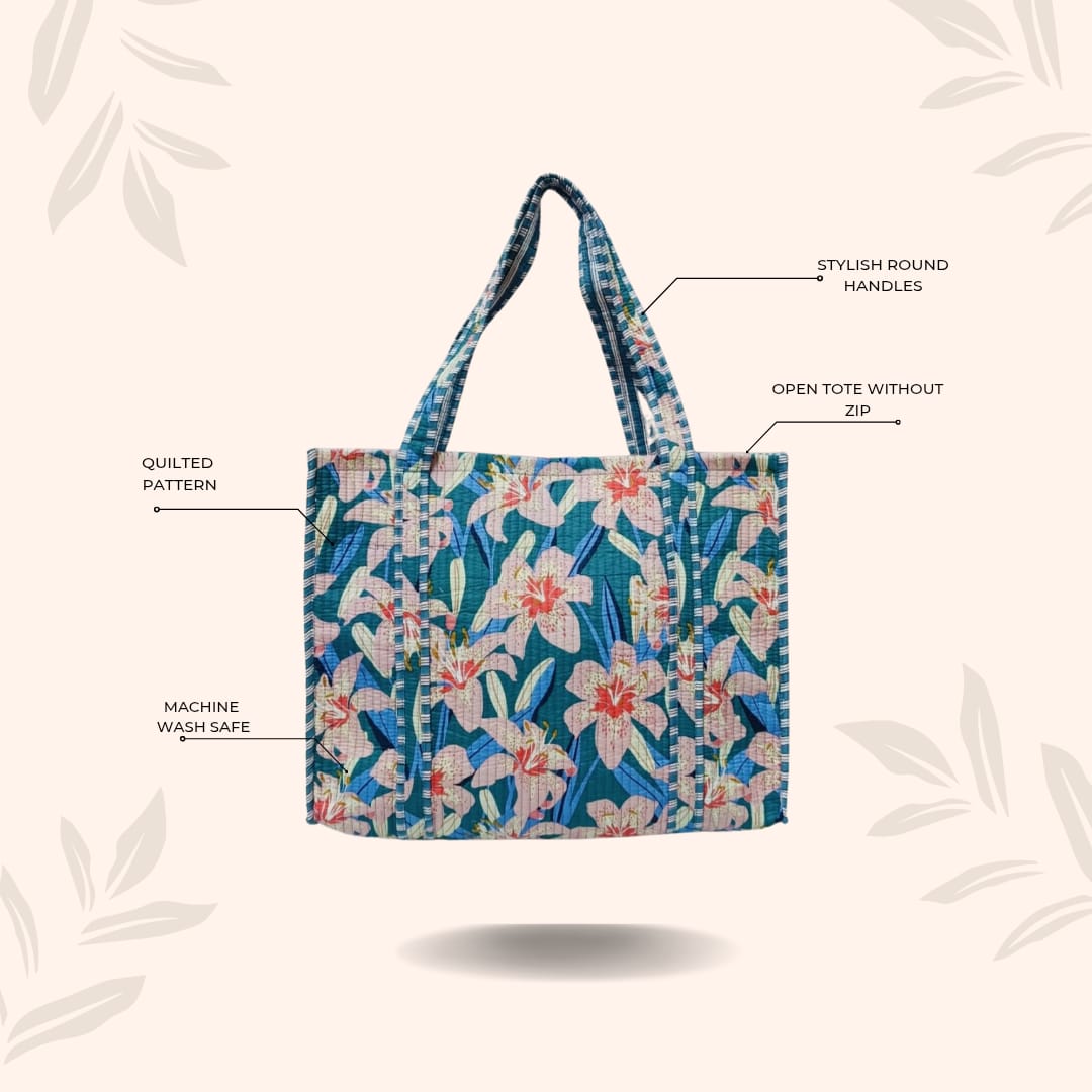 Handblock Printed Quilted Tote Bag without zip/button 17x18x 6 inches