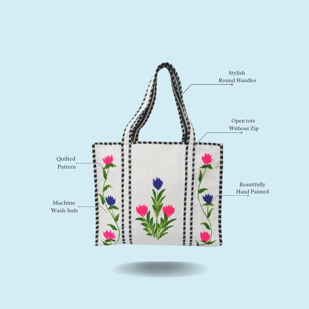 Hand-Painted Floral Tote Bag – Double-Sided Artisan Cotton Tote | Spacious Everyday Carry Bag (No Zip)- 17x18x6 inches