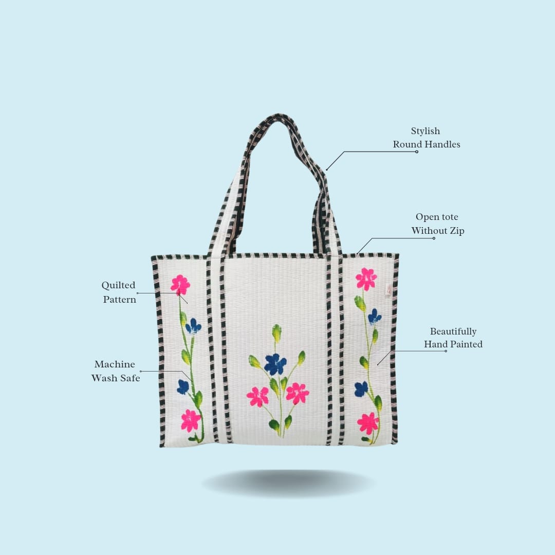 Hand-Painted Floral Tote Bag – Double-Sided Artisan Cotton Tote | Spacious Everyday Carry Bag (No Zip)- 17x18x6 inches