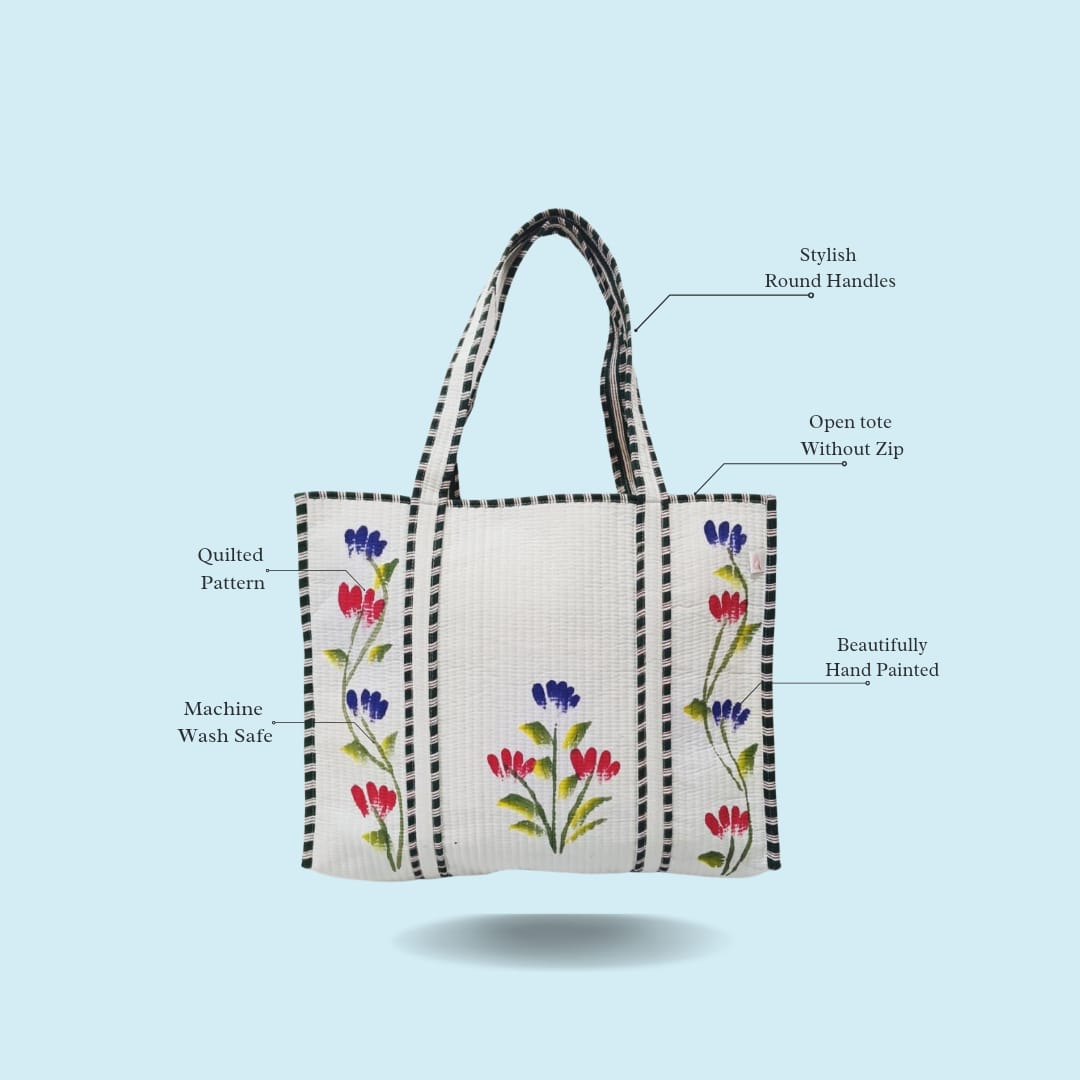 Hand-Painted Floral Tote Bag – Double-Sided Artisan Cotton Tote | Spacious Everyday Carry Bag (No Zip)- 17x18x6 inches