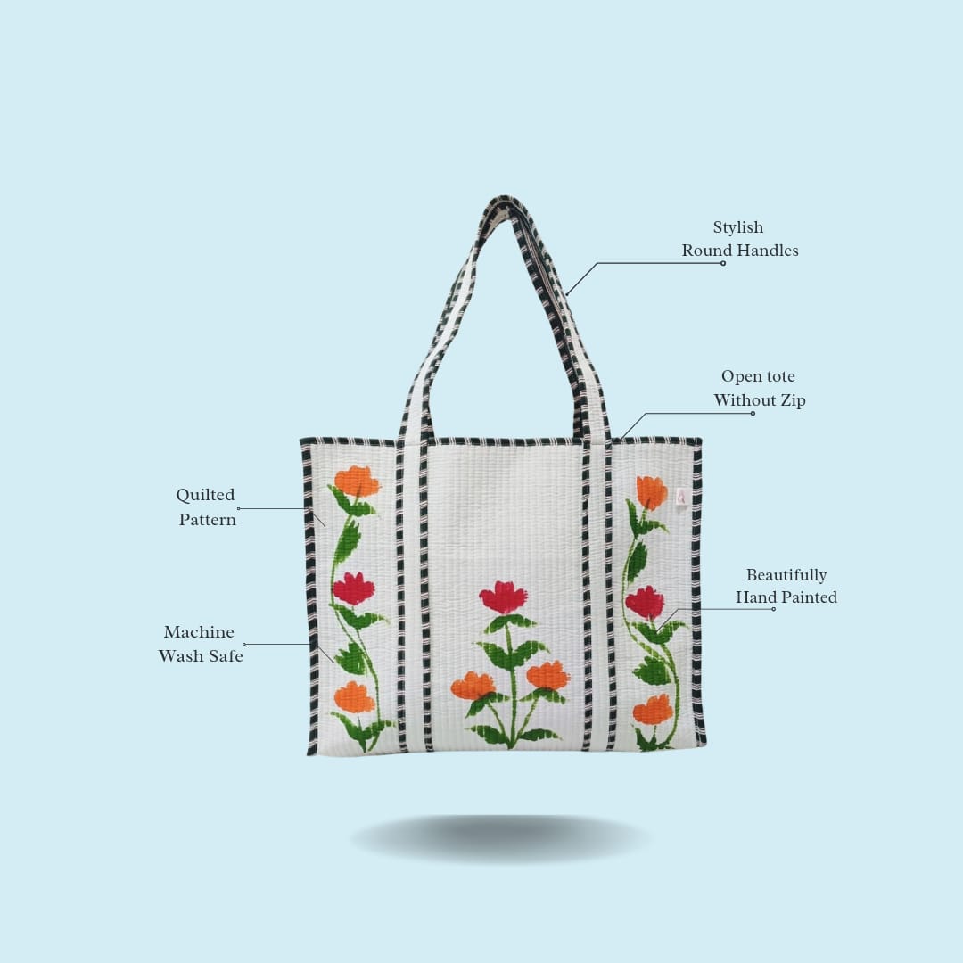 Hand-Painted Floral Tote Bag – Double-Sided Artisan Cotton Tote | Spacious Everyday Carry Bag (No Zip)- 17x18x6 inches