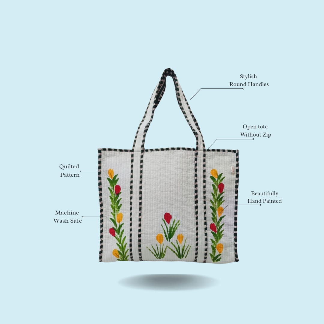 Hand-Painted Floral Tote Bag – Double-Sided Artisan Cotton Tote | Spacious Everyday Carry Bag (No Zip)- 17x18x6 inches