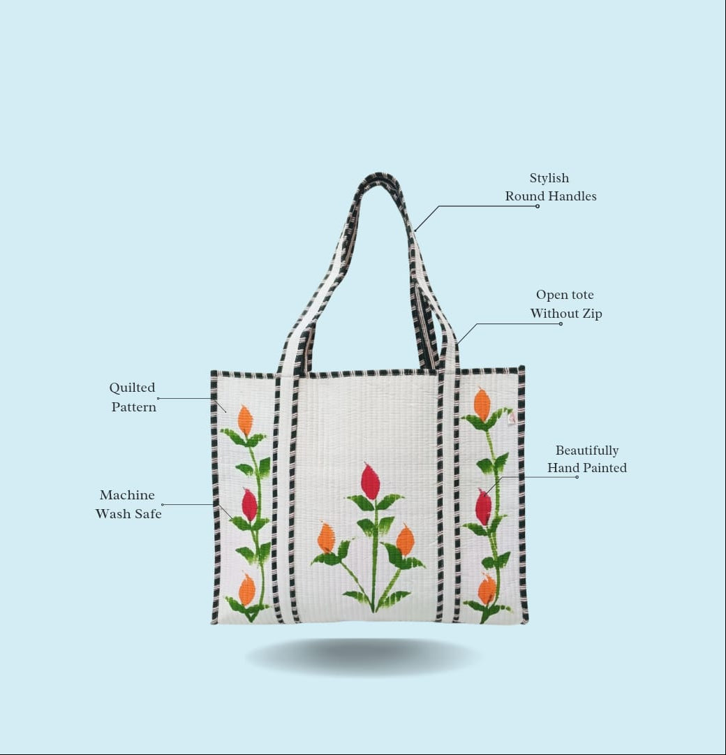 Hand-Painted Floral Tote Bag – Double-Sided Artisan Cotton Tote | Spacious Everyday Carry Bag (No Zip)- 17x18x6 inches