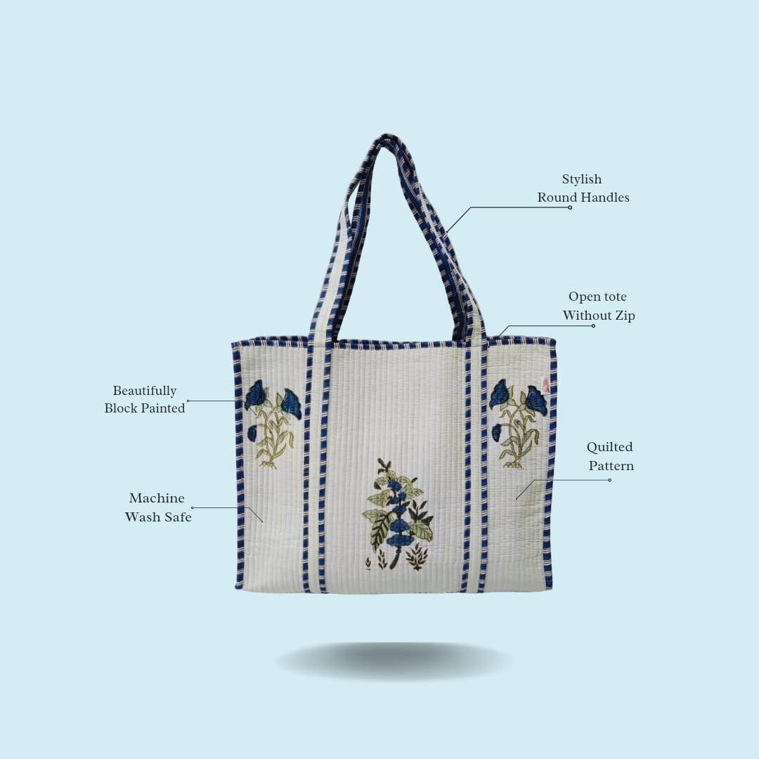 Classic White Block Printed Quilted Tote Bag without zip/button 17x18x 6 inches