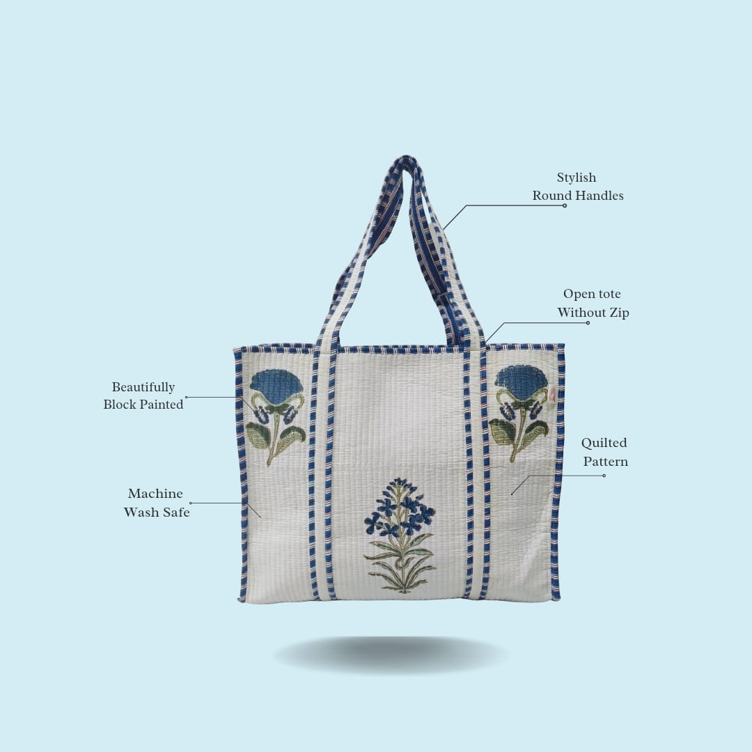 Classic White Block Printed Quilted Tote Bag without zip/button 17x18x 6 inches
