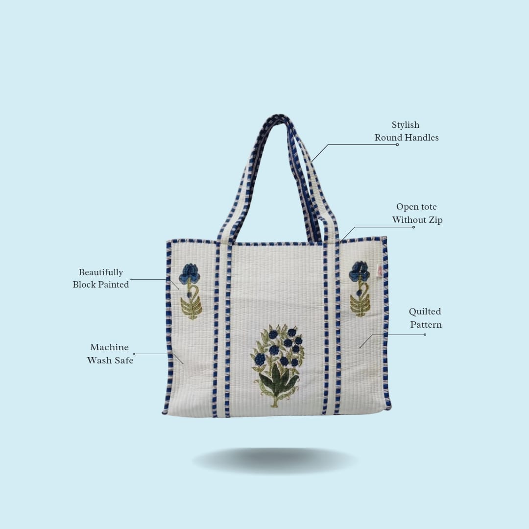 Classic White Block Printed Quilted Tote Bag without zip/button 17x18x 6 inches