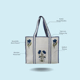 Classic White Block Printed Quilted Tote Bag without zip/button 17x18x 6 inches