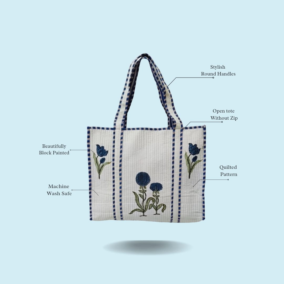 Classic White Block Printed Quilted Tote Bag without zip/button 17x18x 6 inches