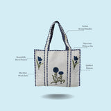 Classic White Block Printed Quilted Tote Bag without zip/button 17x18x 6 inches