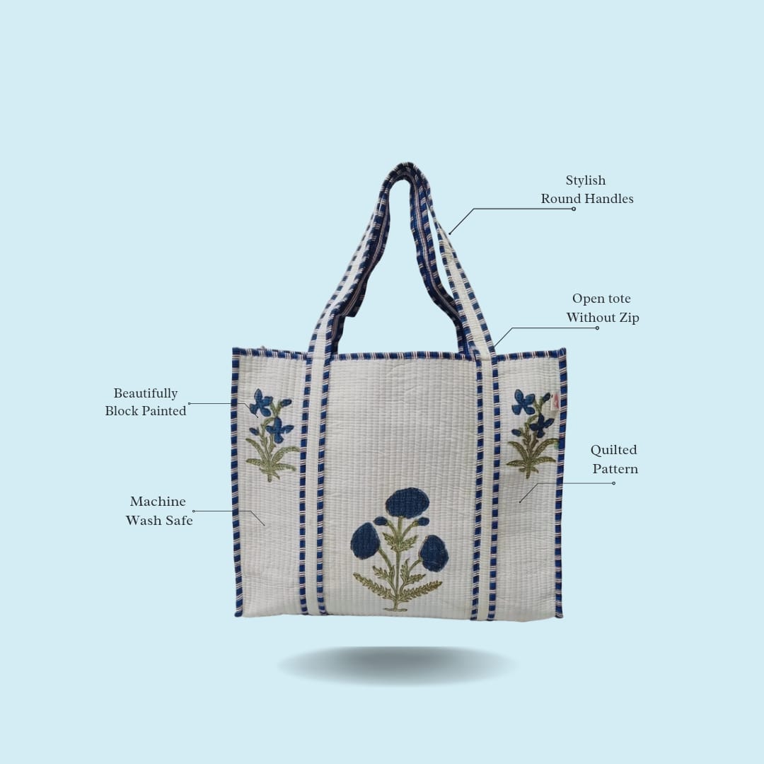 Classic White Block Printed Quilted Tote Bag without zip/button 17x18x 6 inches